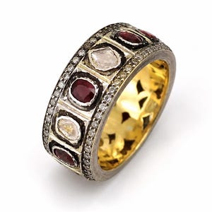 Anillo llamativo de rubí natural y diamantes polki, joyería de plata de ley 925 bañada en oro.