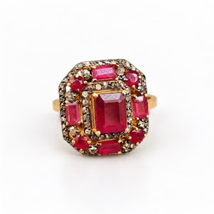 Natural Ruby & Pavé Diamond Statement Ring, 925 Sterling Silver Gold Plated Handmade Jewelry