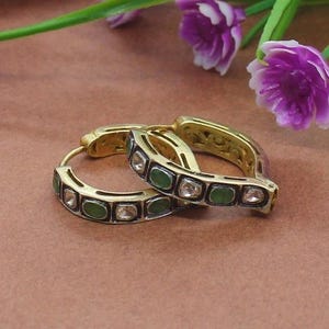 Party Wear Creolen, 925 Sterling Silber, natürlicher Smaragd & Polki Diamant Ohrring, handgemachter Designer, Vintage Ohrring, Geburtstagsgeschenk
