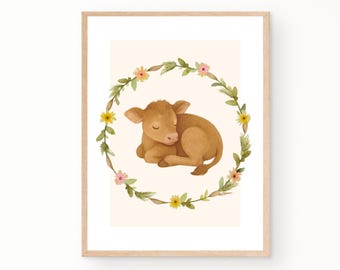 Sleeping Calf Poster | Calming Nursery Decor Cow | Wall Art Cute Farm Animals | Cute Posters Kids Room or Playroom