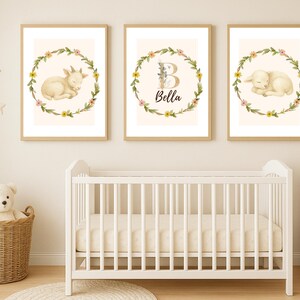 Juego de 3 pósteres para habitación de bebé | Incluye póster con nombre personalizado | Animales de granja en acuarela | Estampados adorables para habitación infantil o sala de juegos