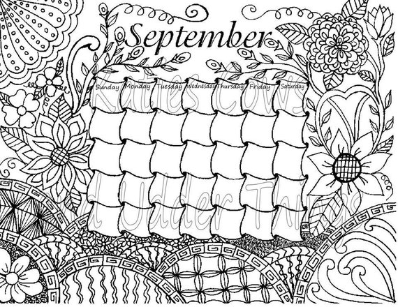September doodled calendar coloring page - etsy