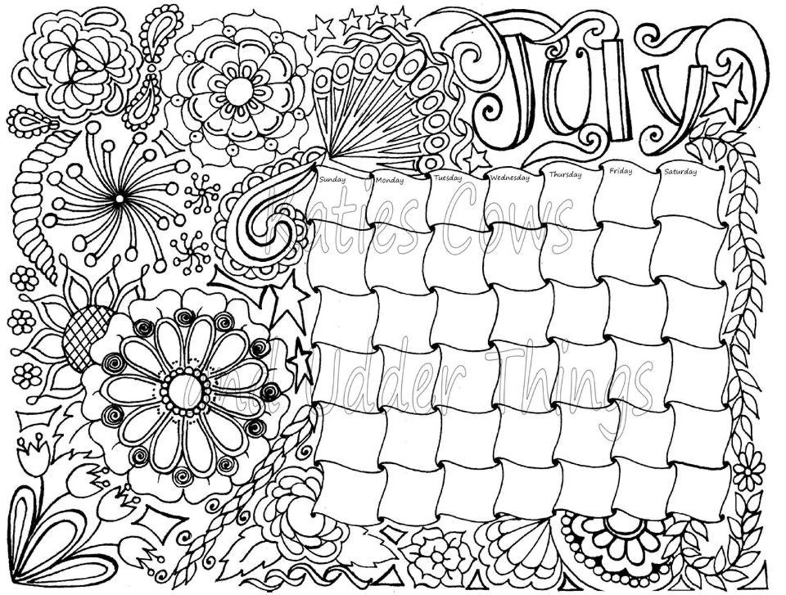 July Doodled Calendar Coloring Page - Etsy