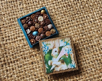 Boîte miniature de chocolats Lapin de Pâques en pâte polymère à l'échelle 12