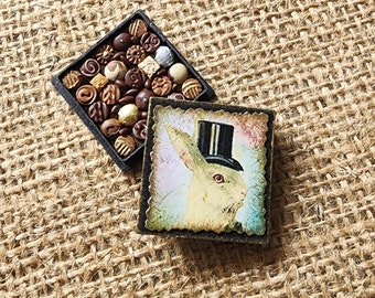 Boîte miniature de chocolats Lapin de Pâques en pâte polymère à l'échelle 12e
