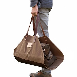 Heavy Duty Leather Log Carrier, Firewood Tote Bag for Hearth