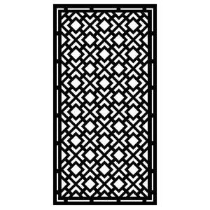 Puede incluir: Panel decorativo negro con un diseño geométrico de celosía. El panel presenta un patrón repetitivo de formas de diamante y flecha, creando un efecto calado. El marco es un borde negro sólido. Este panel es adecuado para separadores de ambientes o pantallas decorativas.