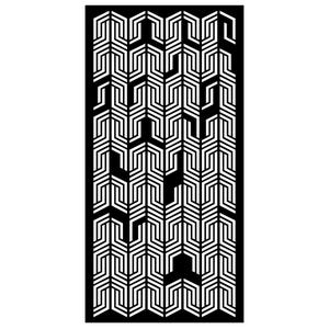 May include: A black and white geometric pattern with a repeating design. The pattern is composed of interconnected, stylized shapes, creating a visually complex and symmetrical arrangement. The design is suitable for various decorative applications.
