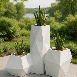 Modern Geometric Metal Planter Set | Faceted Outdoor Garden Pots | Tall Snake Plant Container | Contemporary Yard Decor