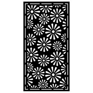 May include: Black rectangular panel with a white floral pattern. The design features numerous stylized flowers with radiating petals, set against a solid black background. The panel has a white border.