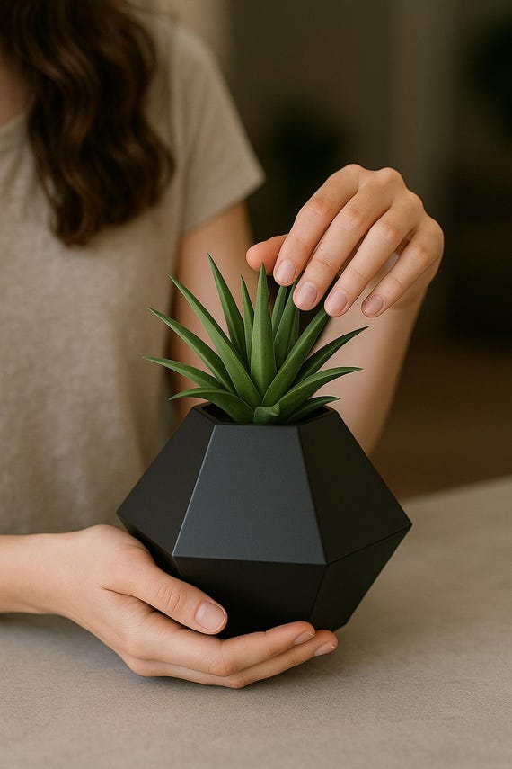 幾何学模様のプランターポット | モダンな黒のファセット花瓶 | 多肉