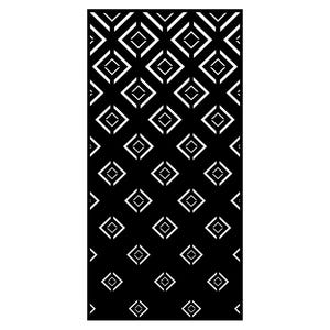 Op de afbeelding: Zwart-wit geometrisch patroon met een herhalend ruitmotief. Witte ruiten staan tegen een zwarte achtergrond, wat een sterk visueel contrast oplevert. Het patroon is symmetrisch en kan als decoratief element worden gebruikt.