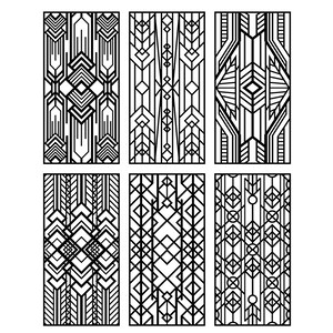 May include: Six rectangular panels featuring black geometric line patterns on a white background. Each panel displays a unique arrangement of vertical lines, diamonds, chevrons, and intersecting shapes, creating a series of intricate, symmetrical, and repeating linear designs.