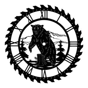 May include: Black metal wall clock featuring a bear standing on a tree stump, with a mountain range backdrop. The clock face has Roman numerals and is surrounded by a saw blade design. A rustic, nature-themed decorative item.
