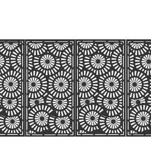 Pode incluir: Um portão decorativo de metal preto com um padrão repetitivo de raios de sol circulares. O portão é ladeado por dois pilares pretos. Este portão decorativo é projetado para uso externo e adiciona um toque elegante.