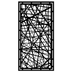 May include: A black rectangular panel with a complex geometric design. The panel features a series of intersecting black lines, creating a web-like pattern within a black frame. The design is set against a white background.