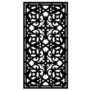 Puede incluir: Panel decorativo negro con un intrincado diseño calado simétrico. El patrón presenta líneas onduladas, motivos florales y formas geométricas, creando una estética visualmente compleja y elegante. El panel es rectangular y adecuado.