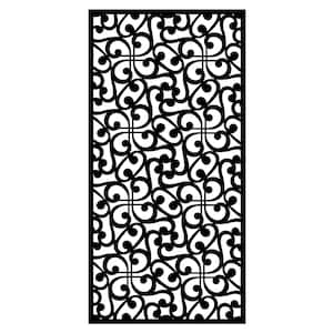 May include: Black decorative panel with a repeating, symmetrical pattern of swirling, stylized floral and scrollwork designs. The panel is rectangular and features a dense, openwork design, suitable for privacy screens or decorative accents.