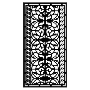 May include: A black, rectangular decorative panel with an intricate, openwork design. The pattern features swirling floral and geometric shapes, framed by a border with a repeating Greek key motif. The panel is suitable for interior design.