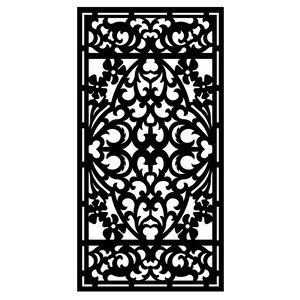 May include: Black, rectangular decorative panel with an intricate, symmetrical floral and scrollwork design. The panel features a central oval shape and floral accents, creating a detailed, openwork pattern. The design is framed by a rectangular border.