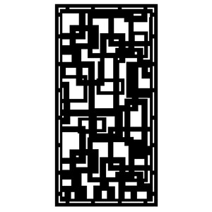May include: A black, rectangular decorative panel with a geometric design. The panel features a series of interconnected black squares and rectangles of varying sizes, creating an abstract pattern against a white background.