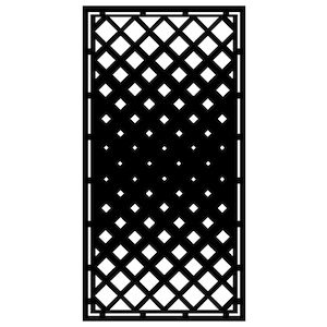 May include: A black rectangular decorative panel featuring a lattice design. The pattern is made of intersecting diagonal lines, forming diamond shapes. The diamond density changes, creating a gradient effect from top to bottom.