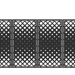 May include: A black metal gate with a diamond lattice design. The gate is flanked by two black pillars with decorative tops. The gate is divided into four panels and is suitable for outdoor use.