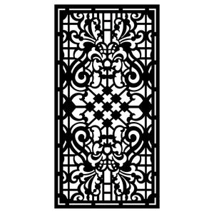 May include: A black, rectangular decorative panel with an intricate, symmetrical design. The pattern features swirling floral and geometric shapes within a grid-like frame. The panel is suitable for interior design.
