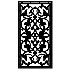 Può includere: Pannello decorativo rettangolare nero con un intricato design floreale e a volute. Il motivo simmetrico presenta foglie stilizzate e linee a vortice all'interno di un bordo. Adatto per l'arredamento della casa.