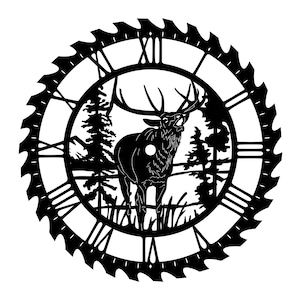 May include: Black metal wall clock featuring a silhouette of an elk in a forest scene. The clock face has Roman numerals and is surrounded by a saw blade design. The elk is standing in tall grass.