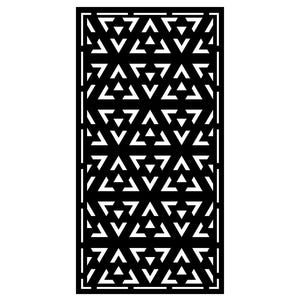 May include: Black rectangular panel with a geometric design. The pattern consists of repeating white triangles and inverted triangles, creating a symmetrical, openwork effect. The border is a solid black frame.