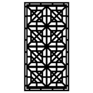 May include: A black, rectangular decorative panel with a geometric, symmetrical design. The pattern consists of intersecting lines and shapes, creating a grid-like appearance. The design is repeated throughout the panel.