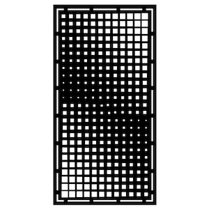 May include: A black rectangular design with a grid pattern. The grid is composed of evenly spaced squares, creating a textured appearance. The design is set against a white background, highlighting the geometric pattern.