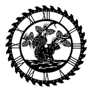 May include: Black metal wall clock featuring a squirrel under a pine tree, with Roman numerals and a saw blade edge. The clock's design is a silhouette, with the squirrel and tree in the center.