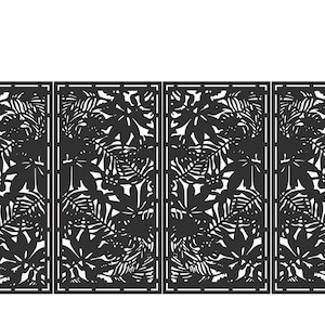 May include: Black metal gate with a decorative leaf pattern. The gate is composed of four panels and is flanked by two black pillars. The leaf design is intricate and detailed, creating a visually appealing outdoor feature.