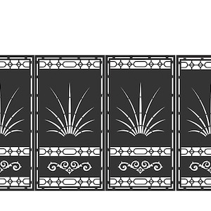 May include: Black metal gate with decorative cut-out bamboo and floral designs. The gate features four panels and two black pillars on either side. The design is symmetrical and suitable for outdoor use.