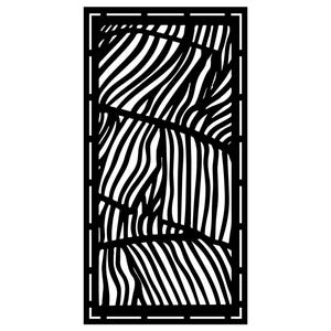 May include: A black, rectangular decorative panel with a geometric design. The panel features a series of curved, parallel lines that create a zebra-like pattern. The lines are enclosed within a rectangular frame.