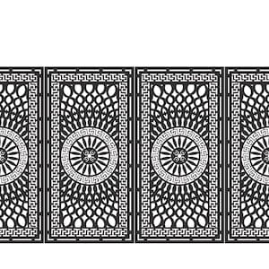 May include: Ornate black metal gate with four panels, featuring intricate geometric and circular designs. The gate is flanked by two black pillars with decorative tops. The design includes a Greek key pattern.