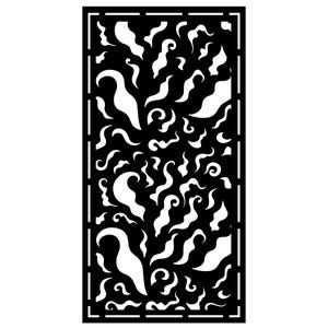 May include: Black and white decorative panel with a rectangular frame. The panel features a repeating pattern of abstract, swirling shapes in white against a black background. The design is symmetrical and intricate.