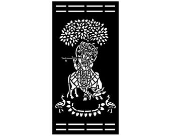 Krishna Flute Flower Tree Peacock Ornate DXF File, Laser Cut Screen Panel, Hindu Wall Art