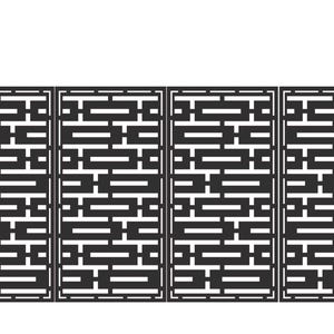 May include: Black metal gate with a geometric pattern, flanked by two black pillars with decorative tops. The gate features a repeating rectangular design, suitable for outdoor use.