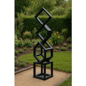 modern garden art | metal sculpture | abstract outdoor art | cube decor | geometric statue | black yard decor | minimalist sculpture