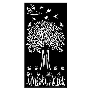 May include: Black rectangular panel featuring a white tree design with leaves, birds, and a sun with clouds. The tree has a detailed trunk and branches. Grass and flowers are at the bottom. Decorative art for home decor.