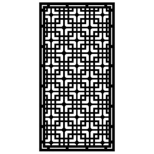 Puede incluir: Panel decorativo rectangular negro con un patrón geométrico de cuadrados y líneas curvas. El diseño es simétrico y repetido. Adecuado para diseño de interiores y decoración.