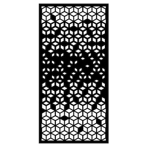May include: Black geometric panel featuring a repeating pattern of cube-like shapes. The design has a gradient effect, transitioning from a dense arrangement at the top to a more sparse pattern at the bottom. The panel is rectangular.