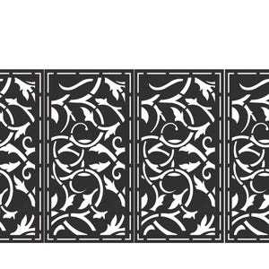 May include: Black metal gate with decorative leaf and vine cutouts. The gate is flanked by two black pillars with decorative tops. The gate is divided into four panels, each with a repeating floral design.