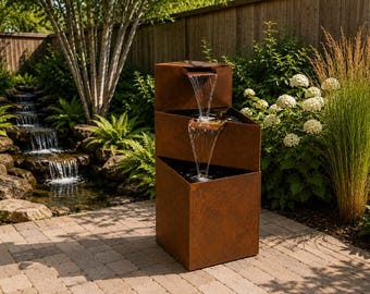 Fuente de agua moderna de acero Corten para decoración de jardines exteriores, diseño contemporáneo de fuente de agua para patio trasero.