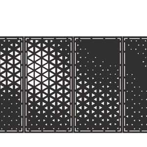 Pode incluir: Um portão de metal preto com um design geométrico, apresentando um padrão de triângulos e pontos. O portão é ladeado por dois postes cilíndricos pretos com topos decorativos. O design é moderno e simétrico.