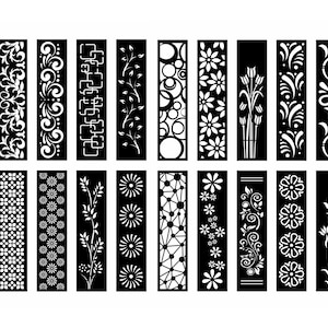 Puede incluir: Colección de paneles rectangulares negros con intrincados diseños calados blancos florales y geométricos. Los paneles presentan varios patrones, incluyendo hojas, espirales y motivos florales, adecuados para aplicaciones decorativas.