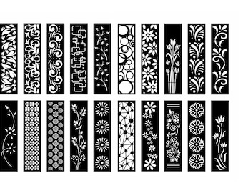 May include: A collection of black rectangular panels with intricate white floral and geometric cut-out designs. The panels feature various patterns, including leaves, swirls, and flower motifs, suitable for decorative applications.